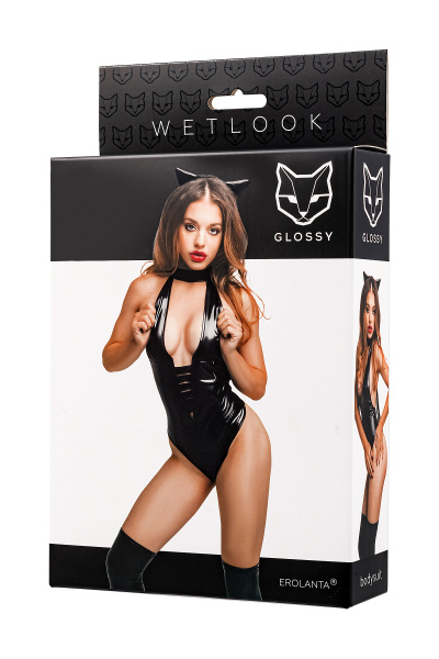 Боди Glossy Kitti с ушками на ободке из материала Wetlook, черное, M