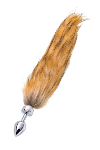 Анальная втулка TOYFA Metall, металл, серебристая, с большим рыжим хвостом, 6 см, Ø 2,9 см