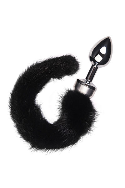 Анальная втулка TOYFA Metall, металл, серебристая, с черным хвостом, 6 см, Ø 2,9 см