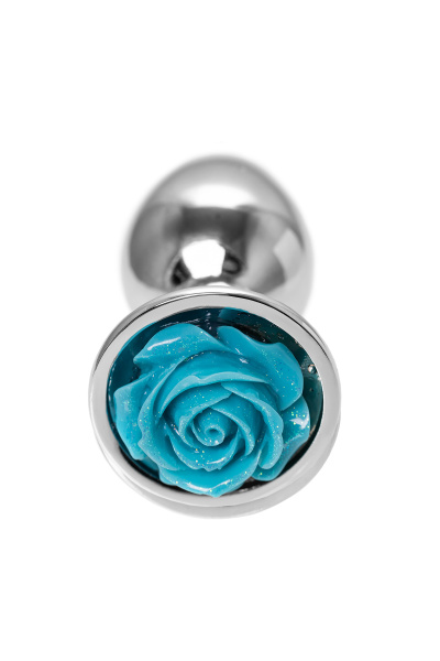 Анальная втулка Metal by TOYFA, металл, серебристая с голубой розочкой, 8 см, Ø 2,7 см, 48 г