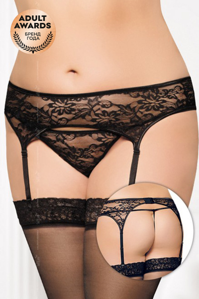 Пояс для чулок и стринги кружевные, черные, XL