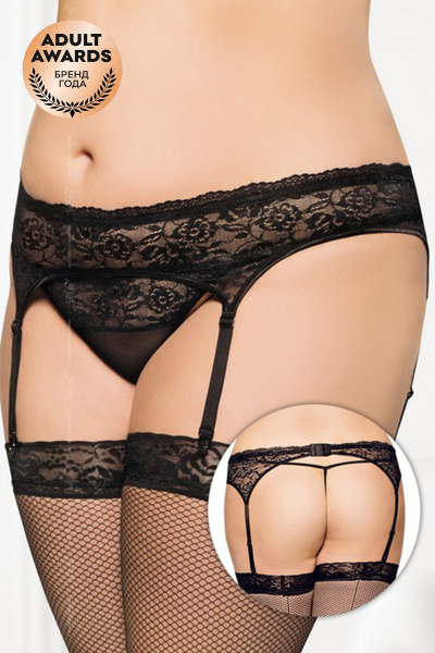Пояс для чулок и стринги кружевные, черные, XXXL