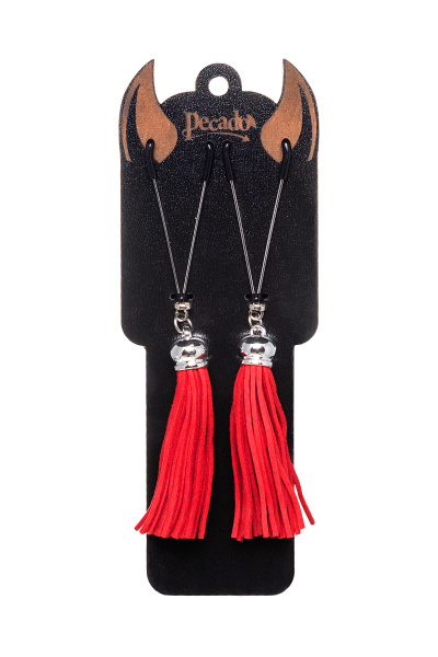 Зажимы на соски «вилки» с кисточками из замши Pecado BDSM ,Красные